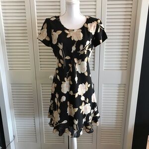 Vintage Hampton Dress Co. Black w/ Floral Midi Dress Made in USA Women’s Size 10